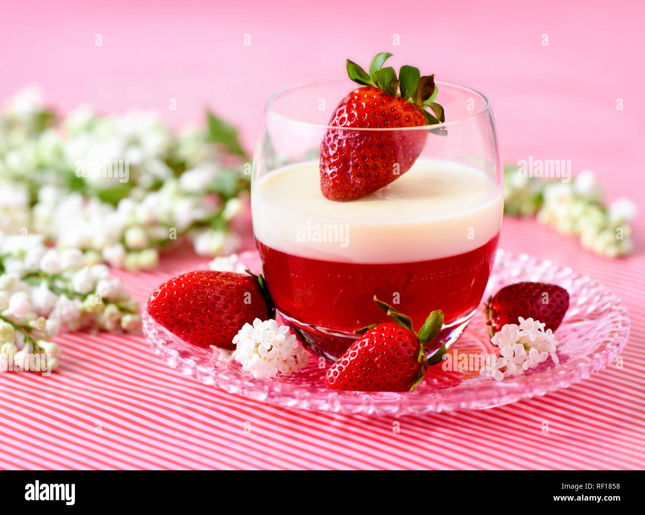 Dolce italiano Panna cotta con fragole e fiori in vetro sullo sfondo rosa Foto Stock