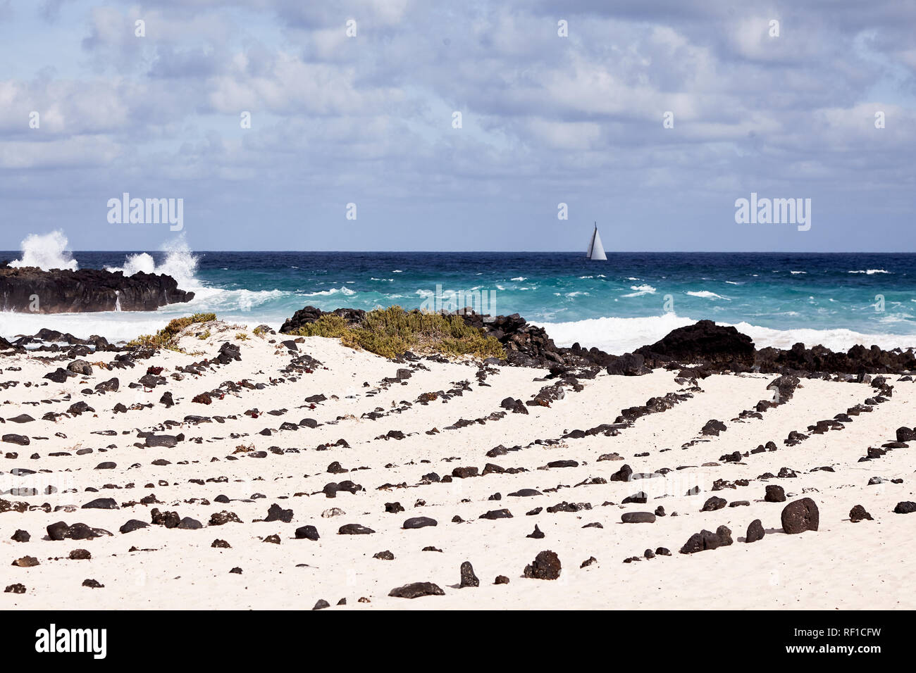 Insolita di roccia vulcanica di formazione con linee di pietre in una curva parallela su di una spiaggia di sabbia in Lanzerote, Isole Canarie contro un increspato oceano tempestoso b Foto Stock