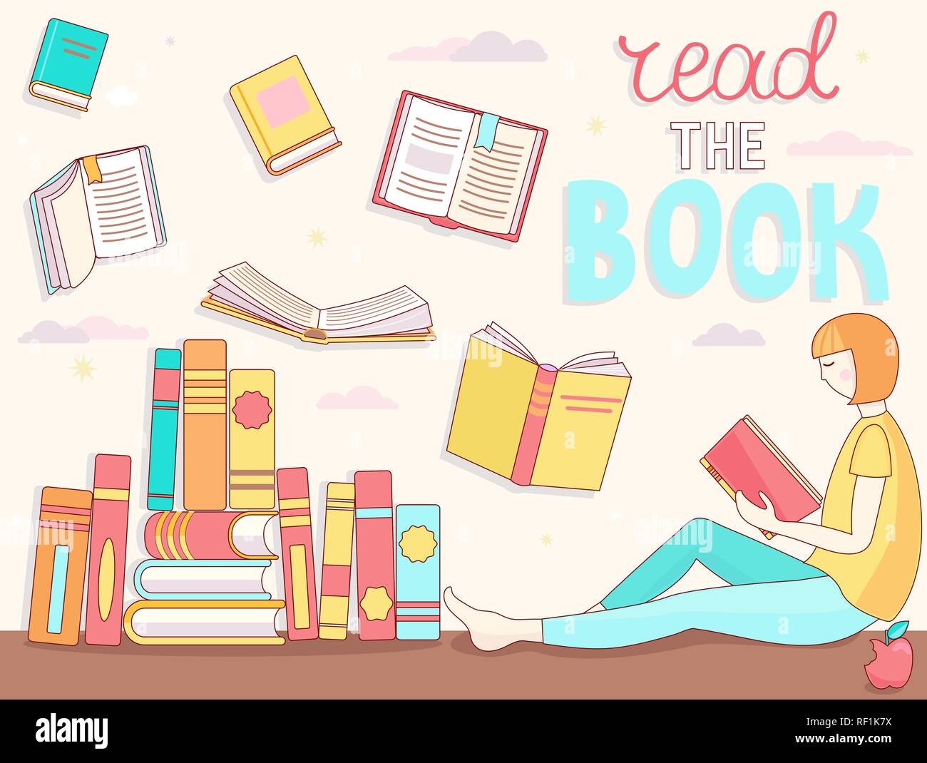 Ragazza giovane è la lettura del libro. Chiudere e aprire i libri in diverse posizioni nei pressi dello studente. L apprendimento e l educazione, il rilassamento e il divertimento concetto des Illustrazione Vettoriale