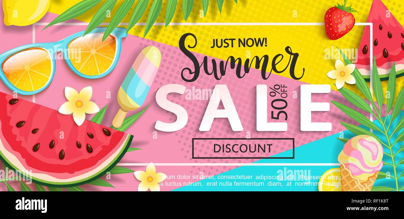 Estate Vendita banner con i simboli per il periodo estivo come gelato, anguria,Fragole,occhiali da sole.illustrazione vettoriale di modello di sconto card, carta da parati, flyer,invito, poster,brochure,Voucher Illustrazione Vettoriale