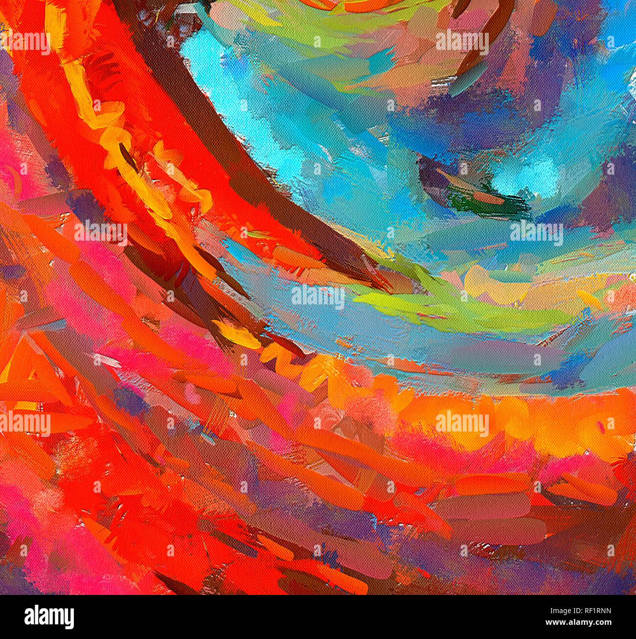 Pittura di olio abstract moderna arte contemporanea in background per il decor. Colori caldi e luminosi di tessitura a mano. Dynamic frattale disegno artistico per grap Foto Stock