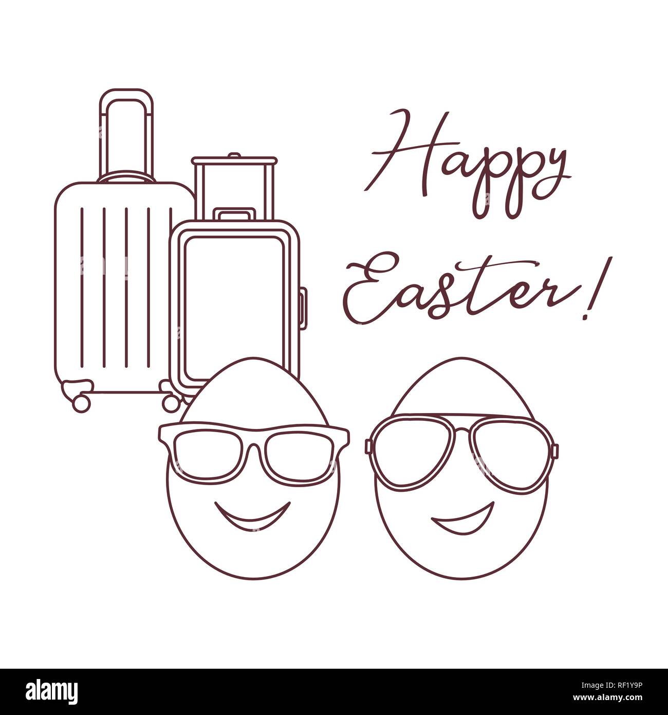 Illustrazione Vettoriale con due uova, occhiali da sole, le valigie.  Iscrizione Buona Pasqua. Biglietto di auguri Immagine e Vettoriale - Alamy