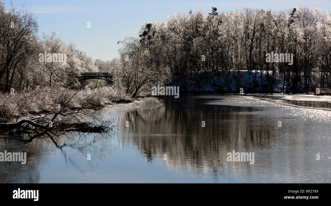 Coperte di ghiaccio alberi sulle rive del fiume del mulino. New Haven, CT. Gennaio 22, 2018 Foto Stock