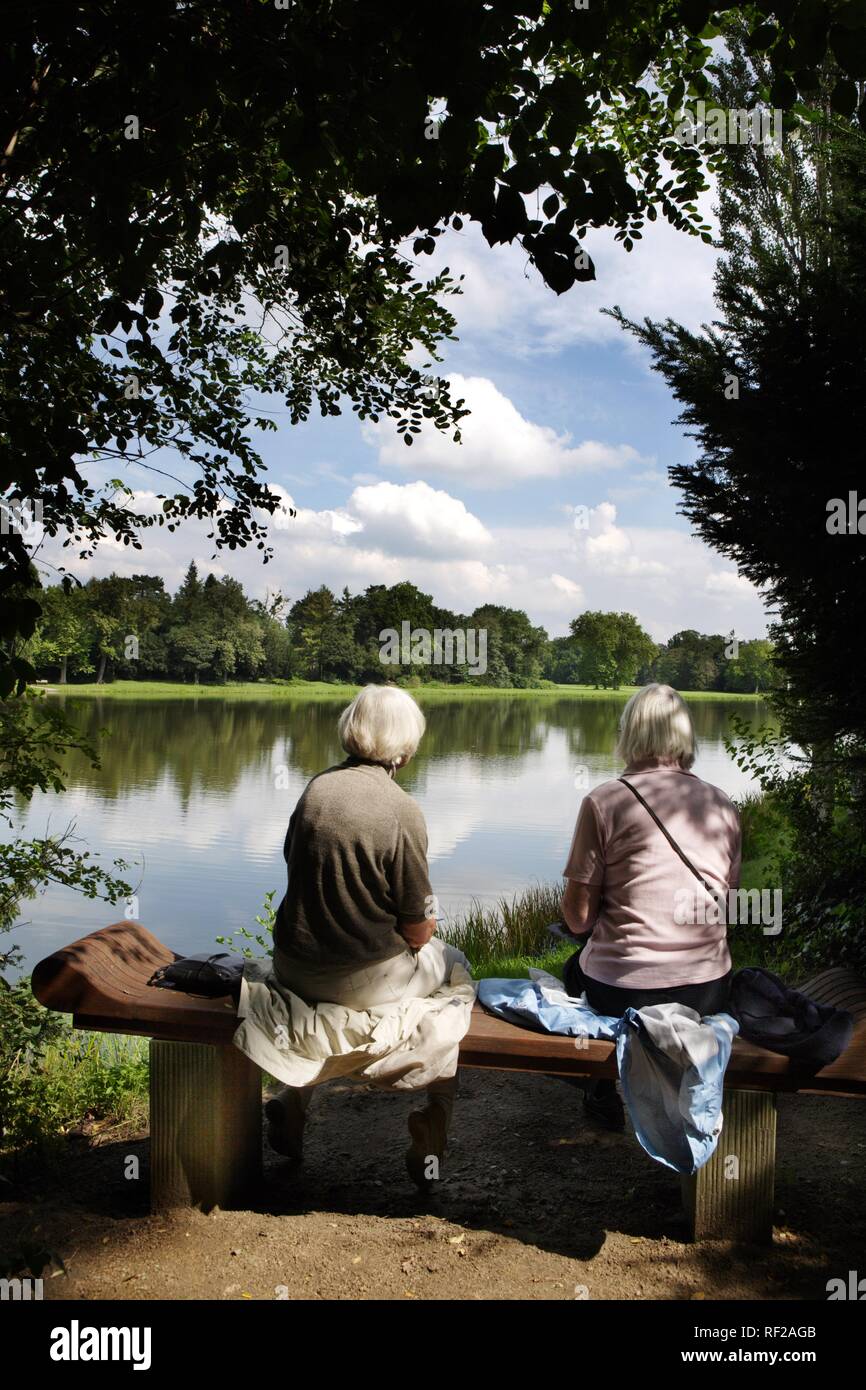 Turisti che si siedono sul banco affacciato su un lago a Gartenreich Dessau-Woerlitz, Dessau-Woerlitz Garden Realm Foto Stock
