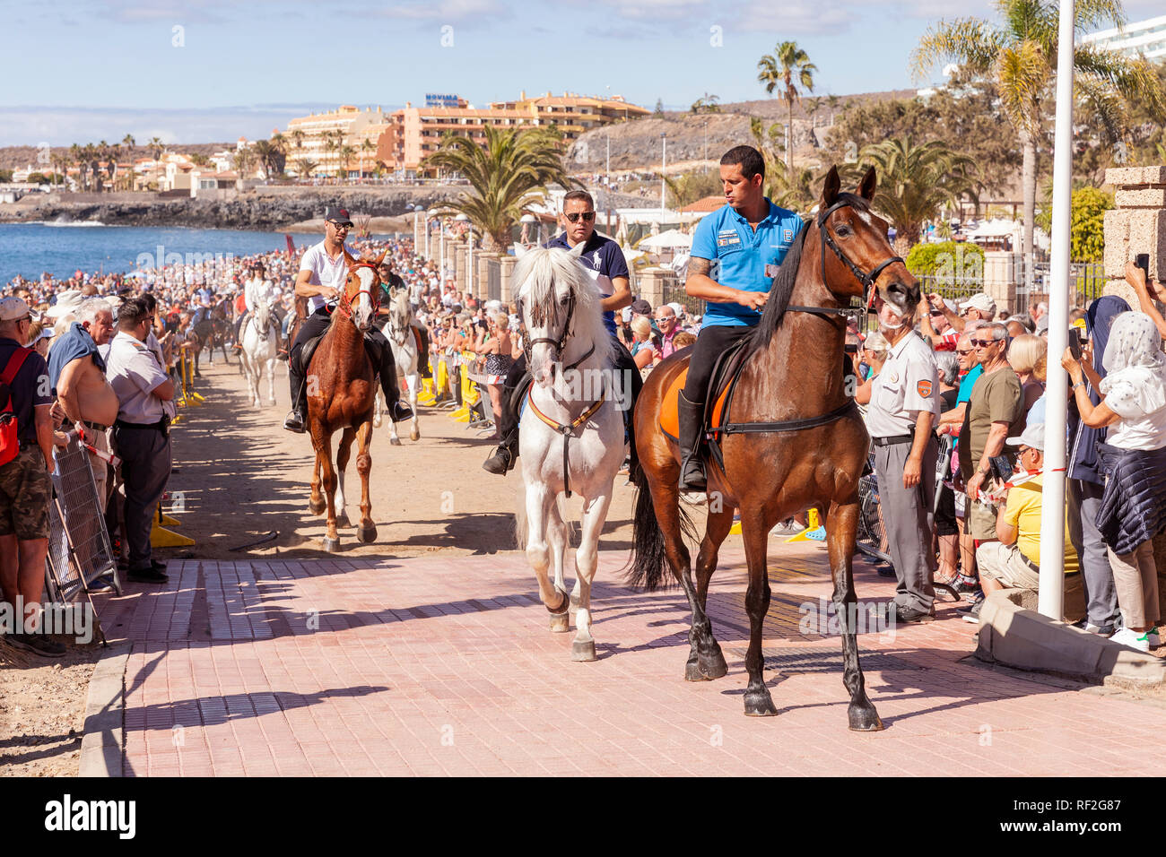 Cavalli e Cavalieri lasciando La Enramada beach dopo la balneazione i loro animali in mare a San Sebastian romeria, fieasta, La Caleta, Tenerife, può Foto Stock