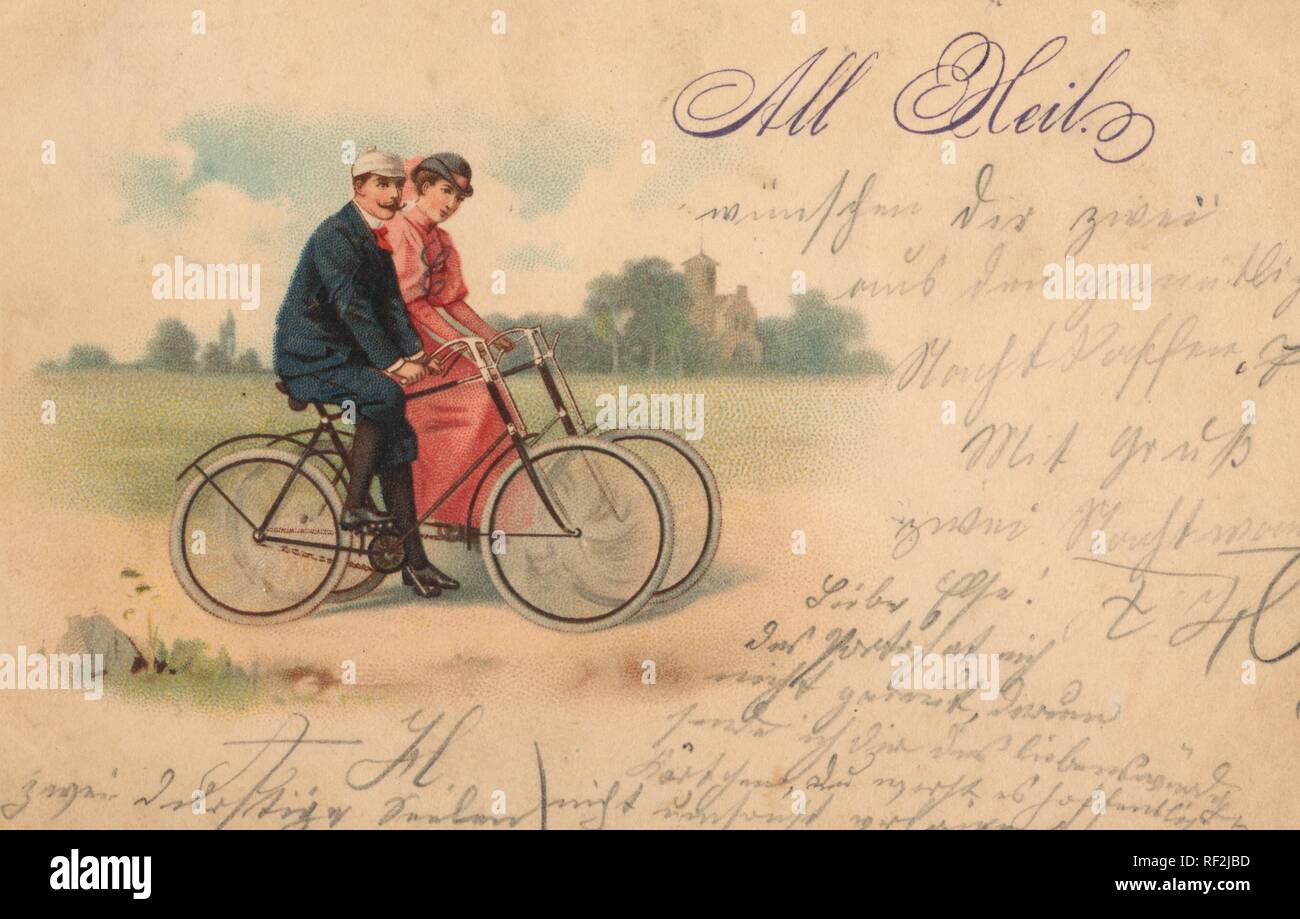 Fotografia storica di un paio di andare in bicicletta, vecchi script, presa ca. 1898 Foto Stock