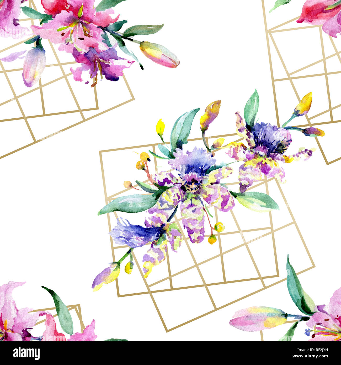 Rosa e viola di fiori di orchidea. Wild molla a balestra di fiori selvaggi. Illustrazione ad acquerello set. Disegno ad acquerello fashion aquarelle isolato. Indietro senza giunture Foto Stock