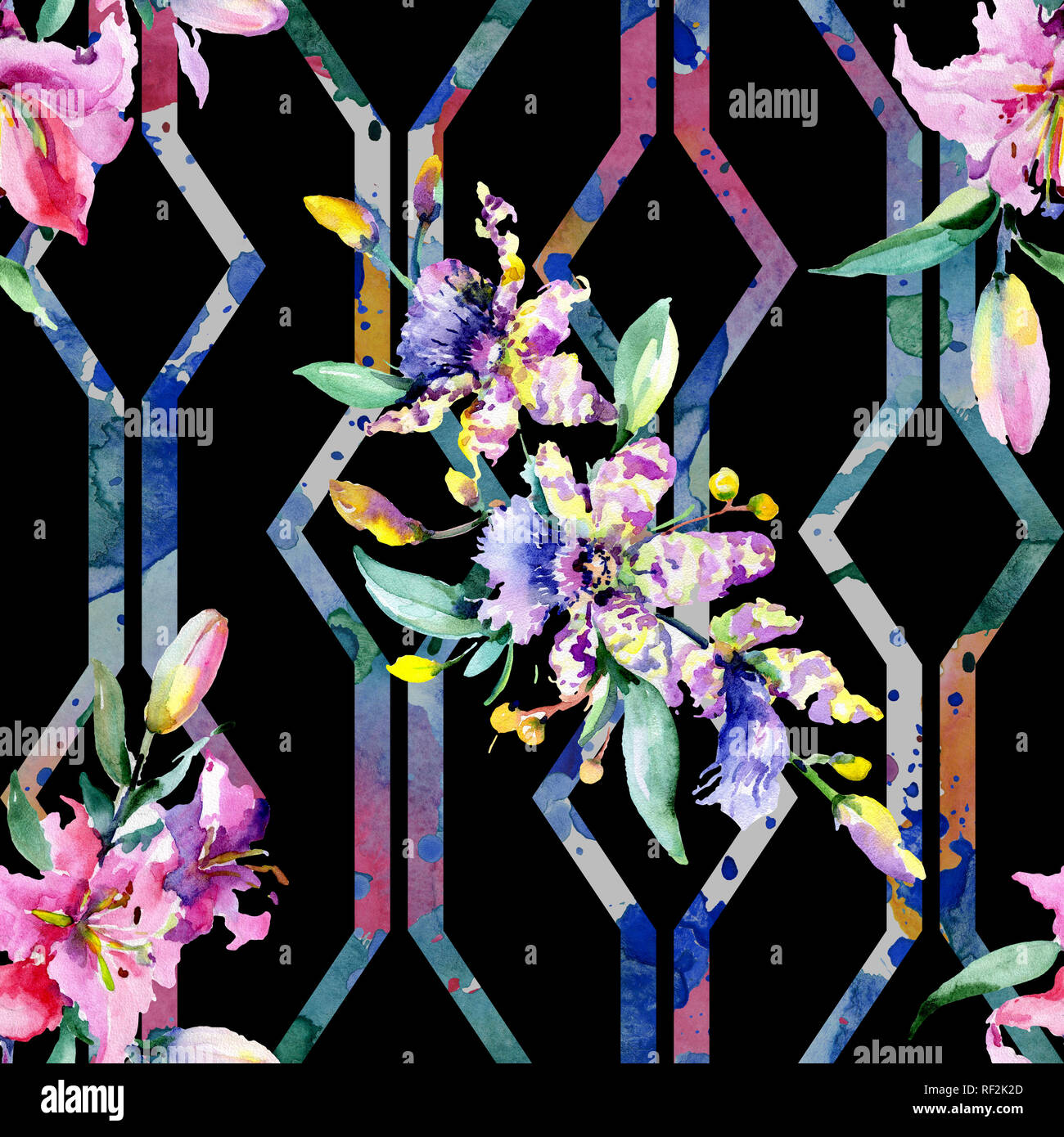 Rosa e viola di fiori di orchidea. Wild molla a balestra di fiori selvaggi. Illustrazione ad acquerello set. Disegno ad acquerello fashion aquarelle isolato. Indietro senza giunture Foto Stock