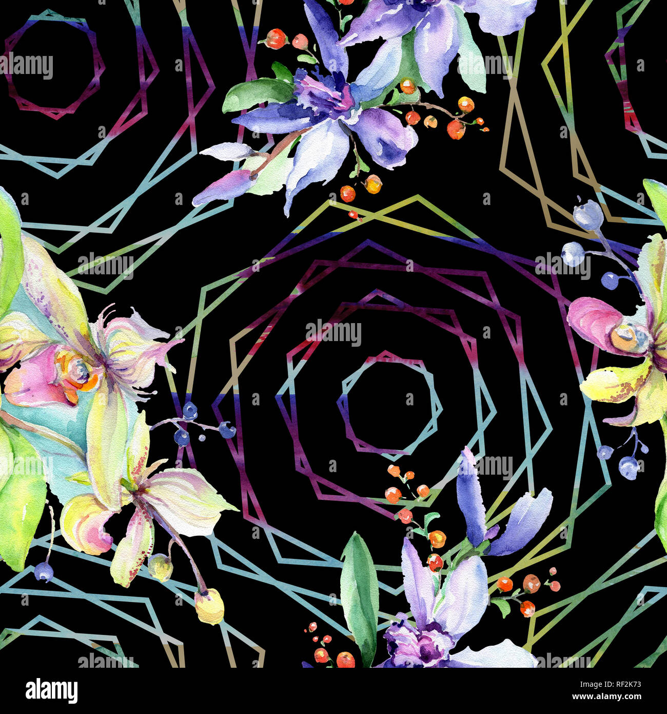 Rosa e viola di fiori di orchidea. Wild molla a balestra di fiori selvaggi. Illustrazione ad acquerello set. Disegno ad acquerello fashion aquarelle isolato. Indietro senza giunture Foto Stock