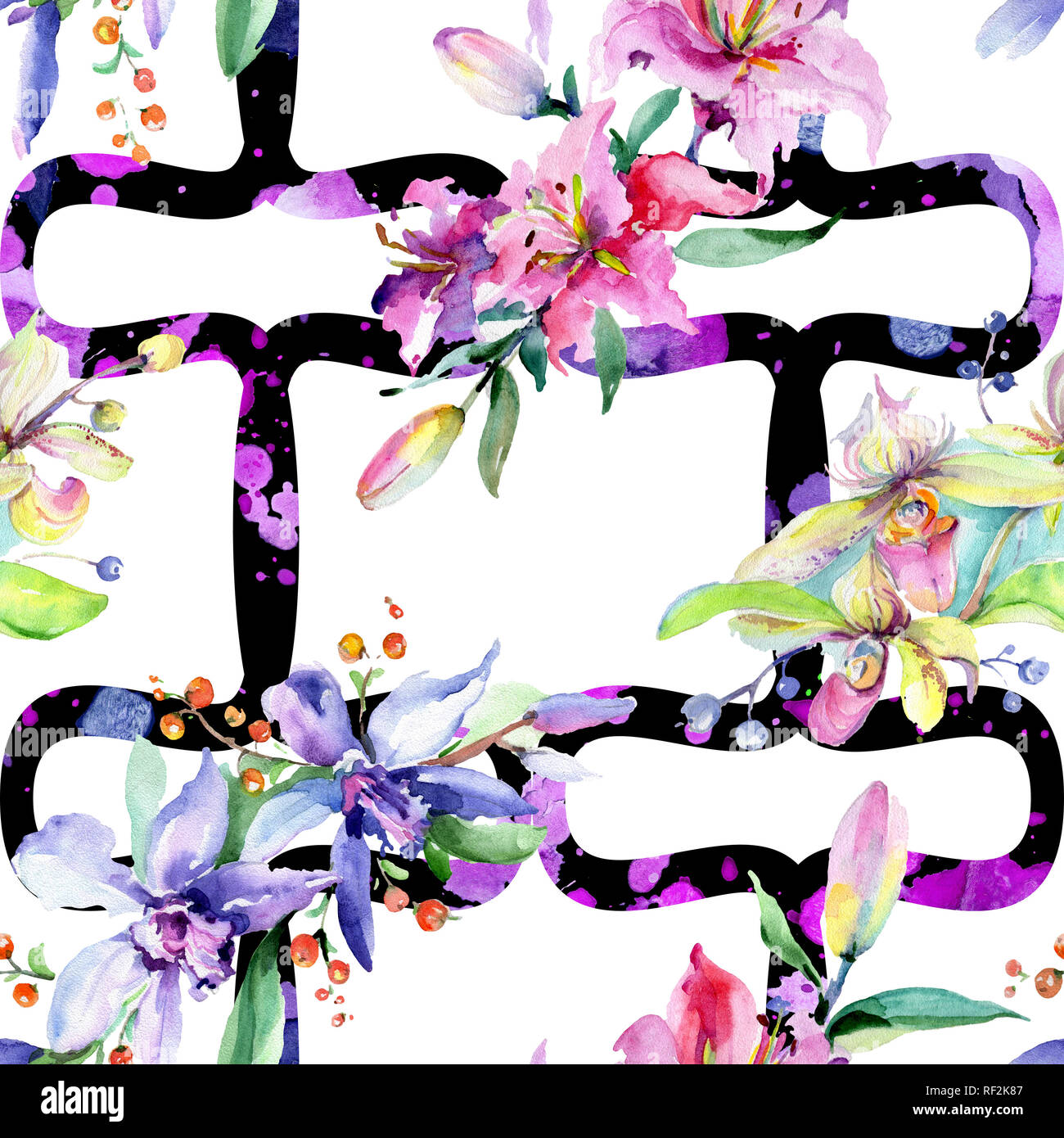 Rosa e viola di fiori di orchidea. Wild molla a balestra di fiori selvaggi. Illustrazione ad acquerello set. Disegno ad acquerello fashion aquarelle isolato. Indietro senza giunture Foto Stock