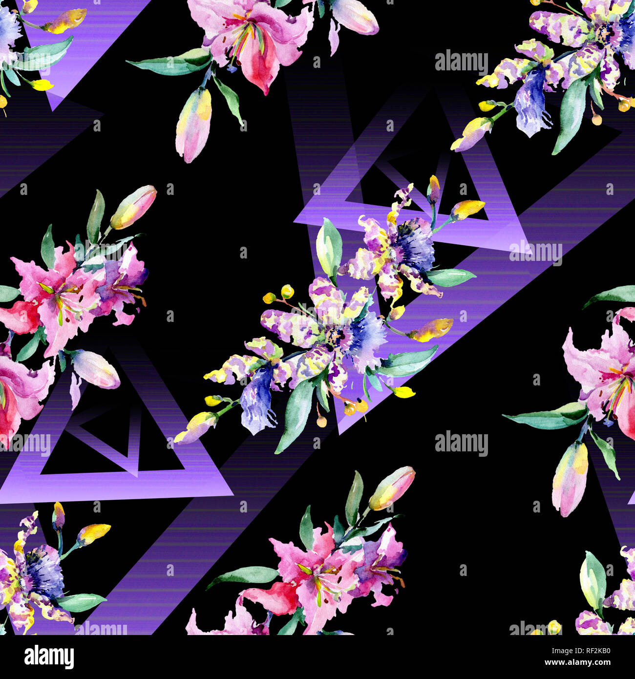 Rosa e viola di fiori di orchidea. Wild molla a balestra di fiori selvaggi. Illustrazione ad acquerello set. Disegno ad acquerello fashion aquarelle isolato. Indietro senza giunture Foto Stock