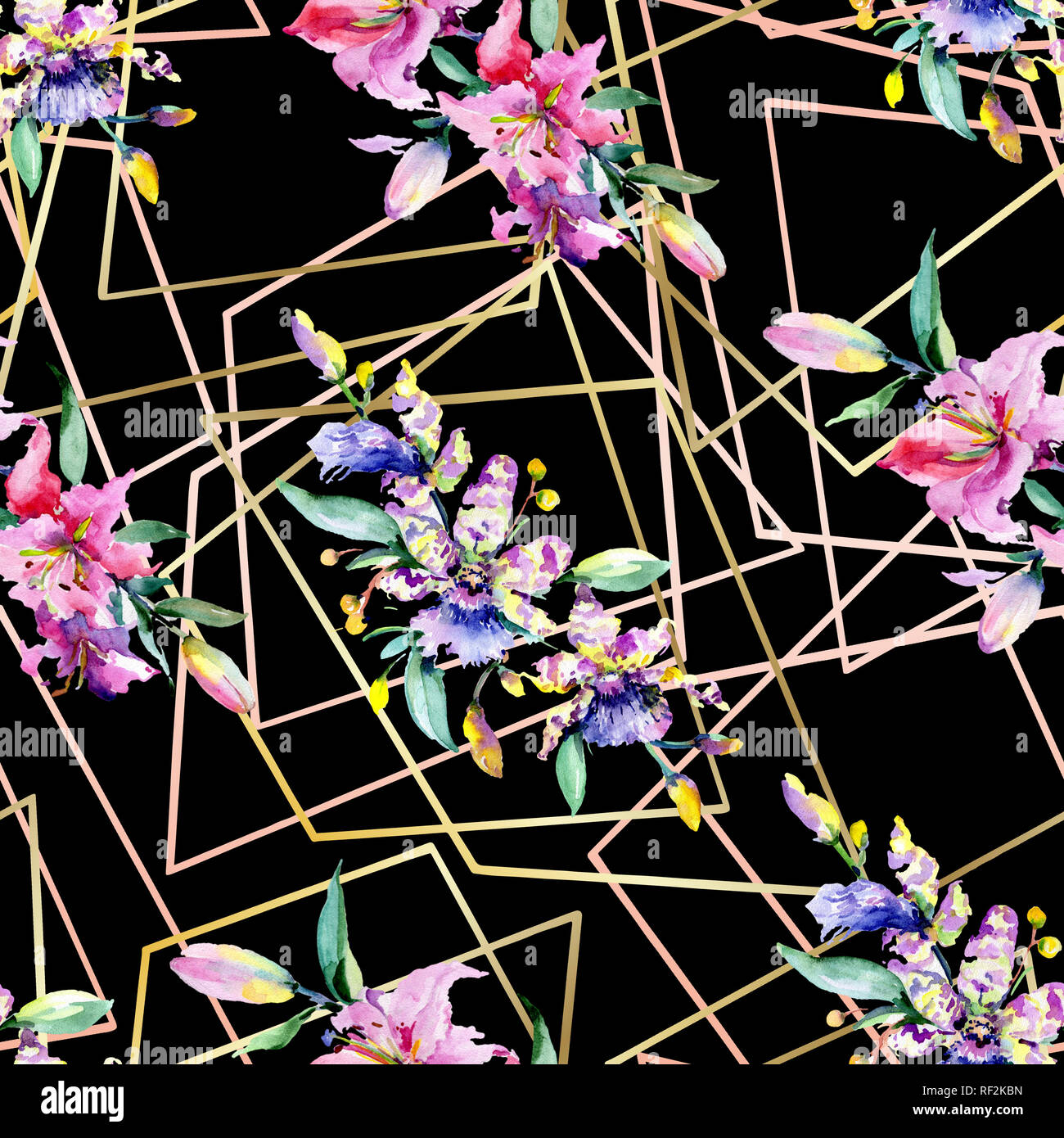 Rosa e viola di fiori di orchidea. Wild molla a balestra di fiori selvaggi. Illustrazione ad acquerello set. Disegno ad acquerello fashion aquarelle isolato. Indietro senza giunture Foto Stock