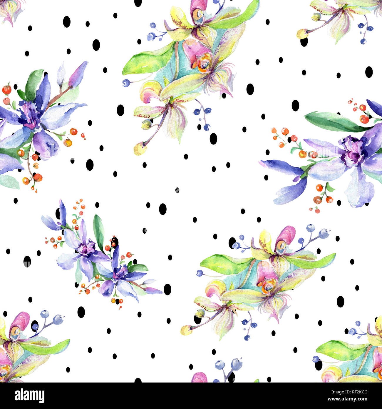 Rosa e viola di fiori di orchidea. Wild molla a balestra di fiori selvaggi. Illustrazione ad acquerello set. Disegno ad acquerello fashion aquarelle isolato. Indietro senza giunture Foto Stock