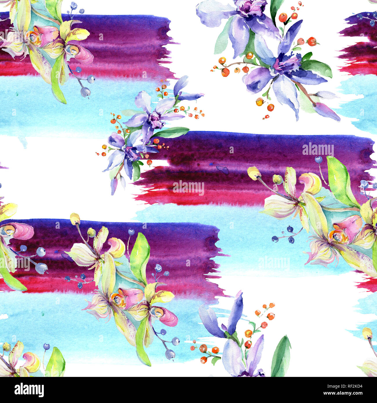 Rosa e viola di fiori di orchidea. Wild molla a balestra di fiori selvaggi. Illustrazione ad acquerello set. Disegno ad acquerello fashion aquarelle isolato. Indietro senza giunture Foto Stock