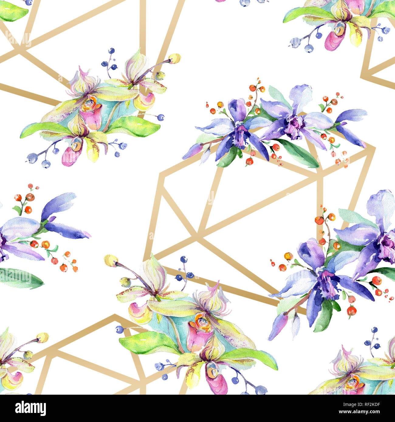 Rosa e viola di fiori di orchidea. Wild molla a balestra di fiori selvaggi. Illustrazione ad acquerello set. Disegno ad acquerello fashion aquarelle isolato. Indietro senza giunture Foto Stock