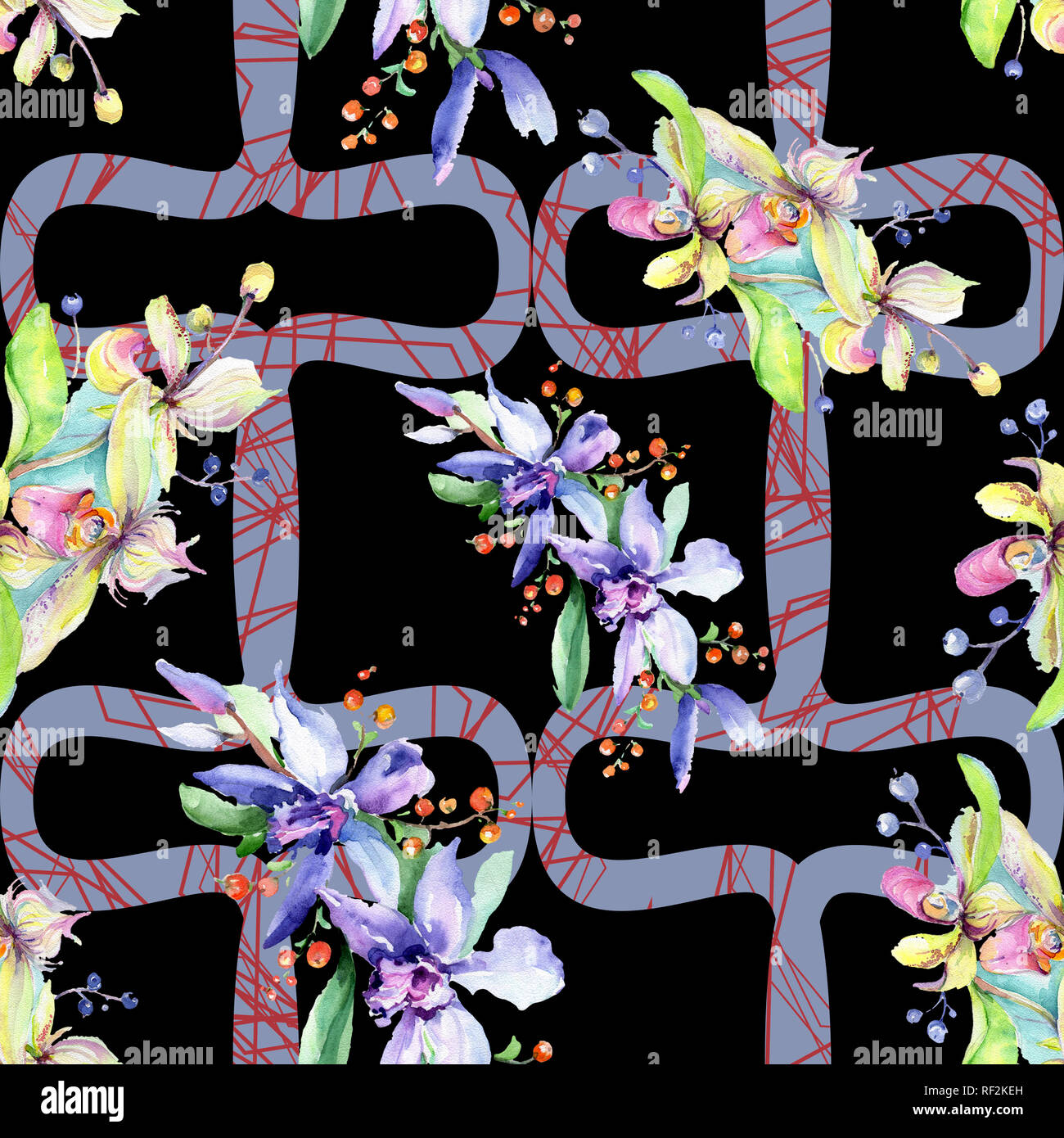 Rosa e viola di fiori di orchidea. Wild molla a balestra di fiori selvaggi. Illustrazione ad acquerello set. Disegno ad acquerello fashion aquarelle isolato. Indietro senza giunture Foto Stock