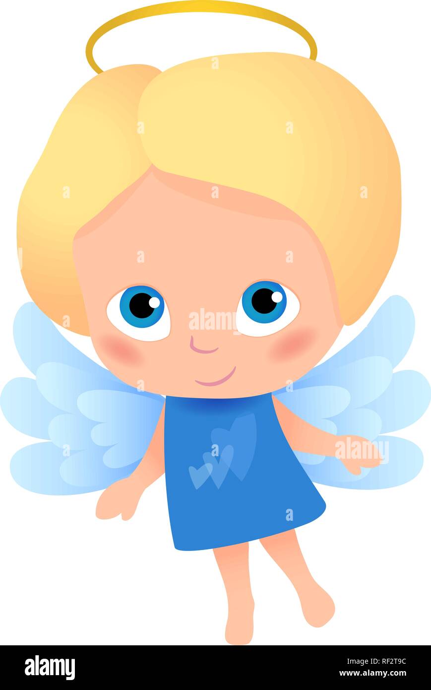 Angelo con capelli biondi in un vestito blu con cuori davanti, Blue Wings. Personaggio dei fumetti, adatto per la stampa e il web design di carte, banner… Illustrazione Vettoriale