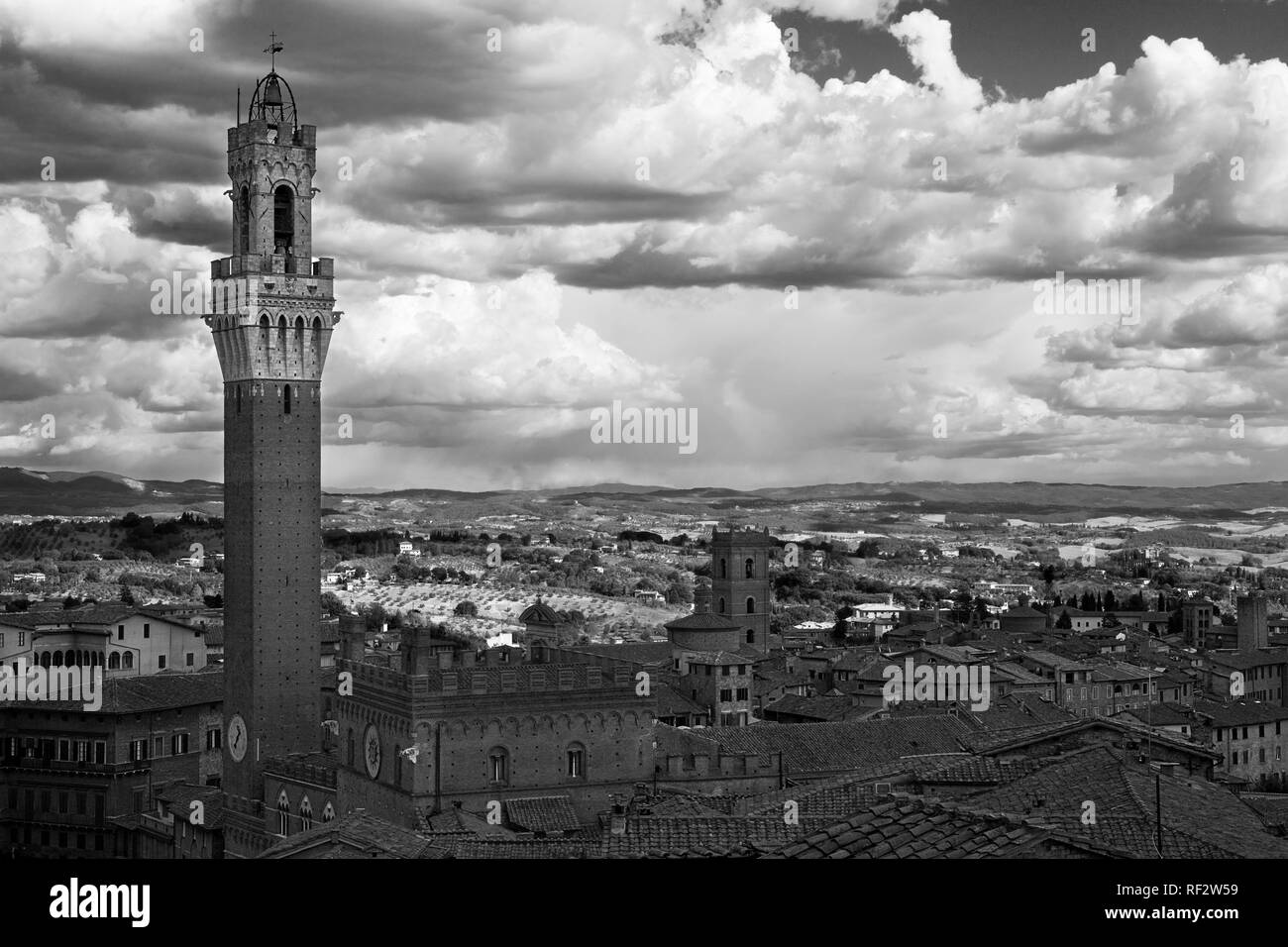 Del Palazzo Pubblico di Siena e la Torre del Mangia, visto dal 'Facciatone' del Duomo Nuovo, Siena, Toscana, Italia: versione in bianco e nero Foto Stock