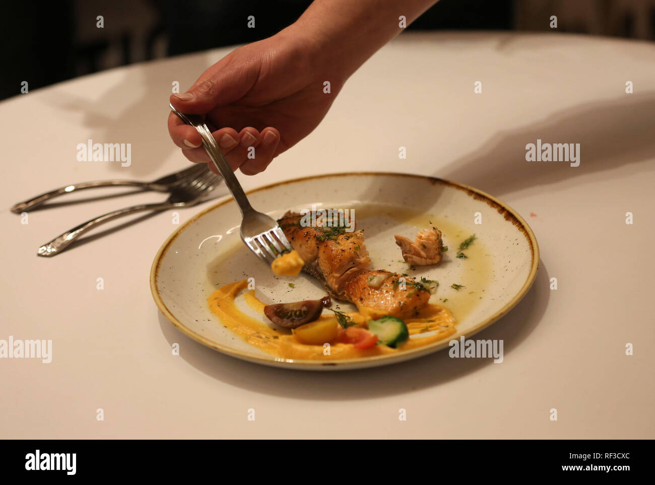 (190124) -- NABLUS, Gennaio 24, 2019 (Xinhua) -- un cuoco prende parte in una cucina nazionale concorso in Cisgiordania città di Nablus, 22 gennaio 2019. Sebbene simile al Mediterraneo in generale la cultura gastronomica, la cucina palestinese si distingue con una schiera di gusto le spezie e le erbe. La neonata master chef' Association in Palestina ha organizzato una cucina nazionale concorso, con lo scopo di scegliere il chef premiati per entrare a far parte di una squadra nazionale che saranno addestrati per competere a livello internazionale. Oltre 150 cuochi palestinesi si sono riuniti presso il concorso per tre giorni in Cisgiordania's Nablu Foto Stock