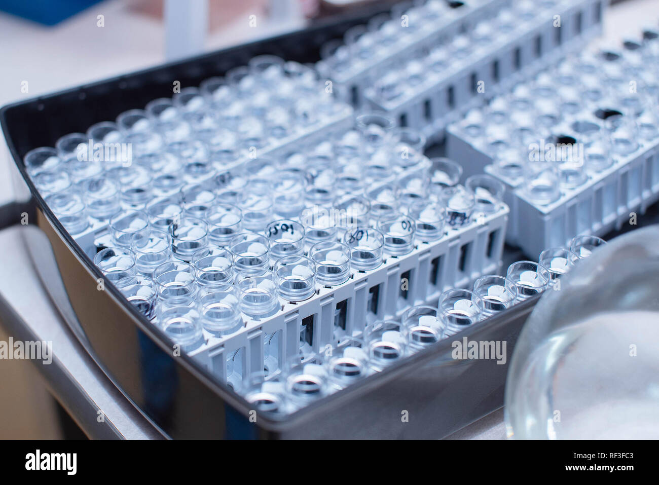 Recipienti di laboratorio con le analisi per la ricerca medica. Foto Stock