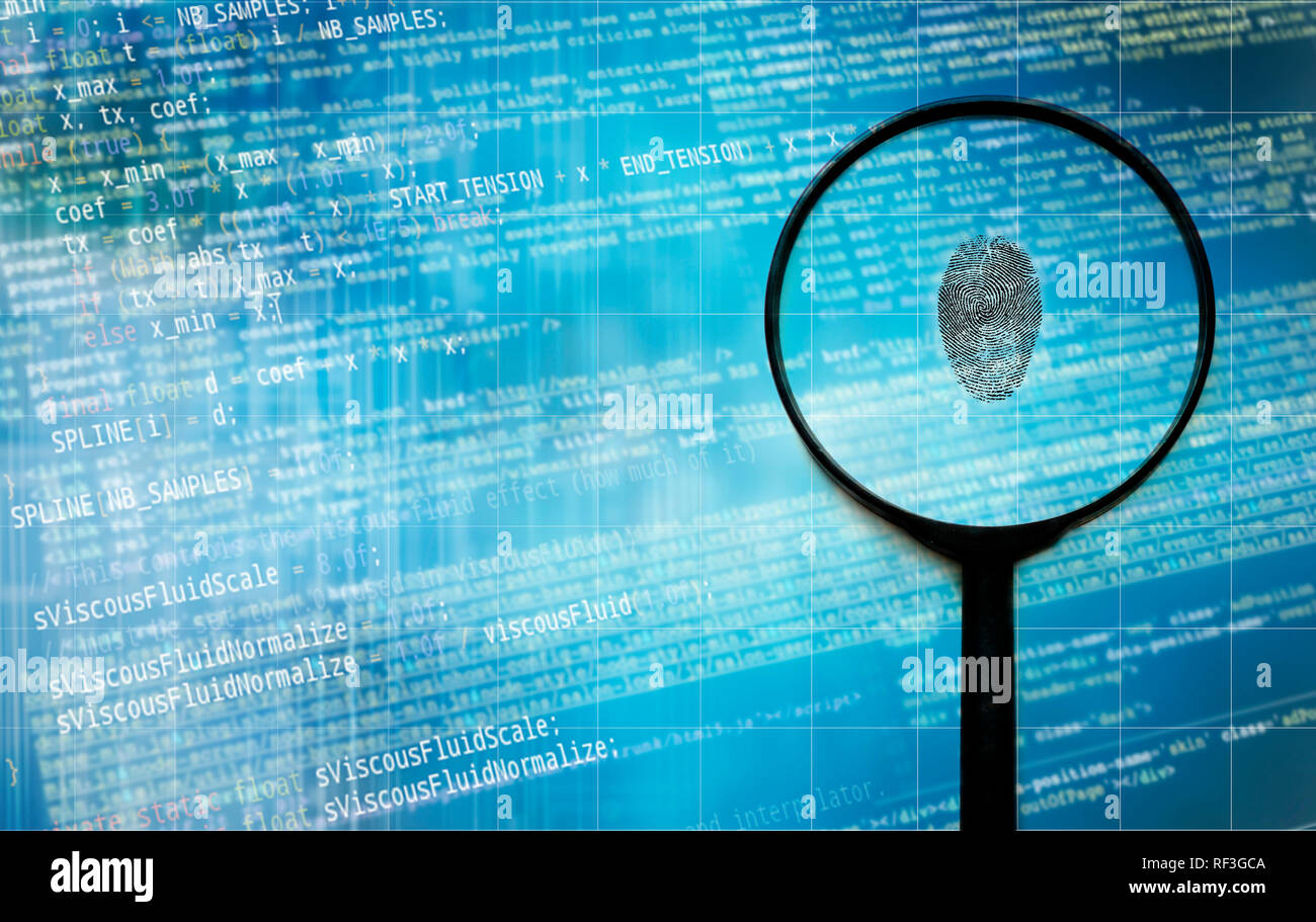 Impronte digitali, di ingrandimento e di codice per computer, concept per il riconoscimento delle impronte digitali, computer forensic e identificazione di criminali utilizzando la tecnologia Foto Stock