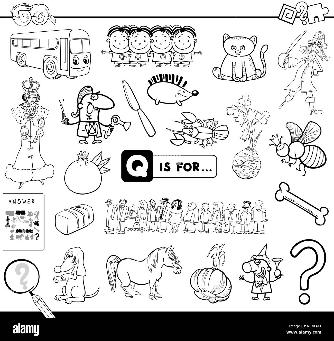 Bianco e Nero Cartoon illustrazione di trovare foto che iniziano con la lettera Q Gioco educativo eserciziario per bambini Libro da colorare Illustrazione Vettoriale