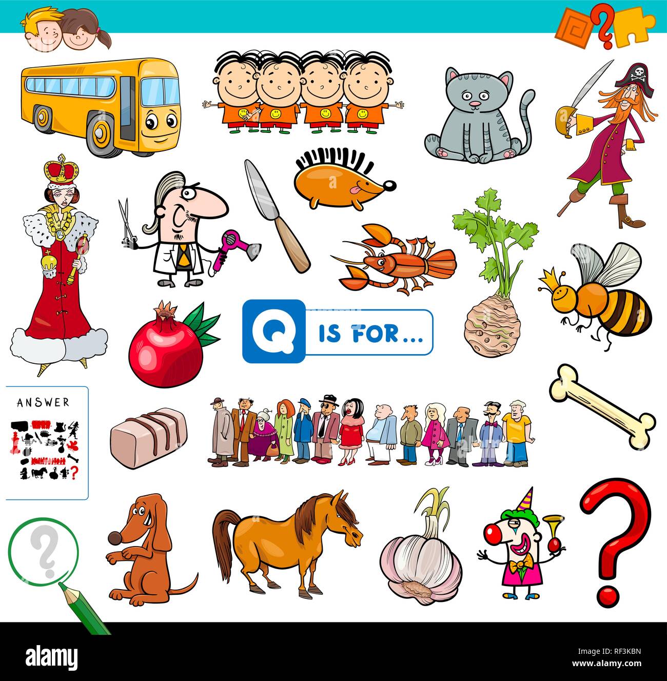 Illustrazione del fumetto di trovare foto che iniziano con la lettera Q Gioco educativo eserciziario per i bambini Illustrazione Vettoriale