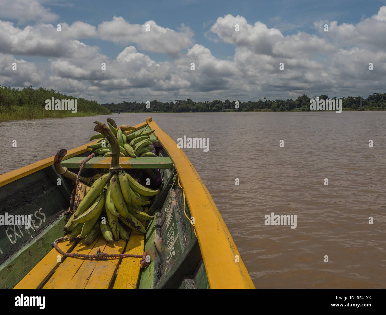 Paumari, Brasile- Novembre 25, 2018: Tradizionale, barca indiano e bella vista con la riflessione nella laguna di giungla amazzonica. America Latina Foto Stock