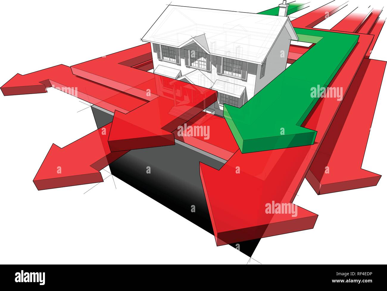 Schema di una classica casa coloniale e molte frecce accelerando intorno alla casa in un astratto schema di business Illustrazione Vettoriale