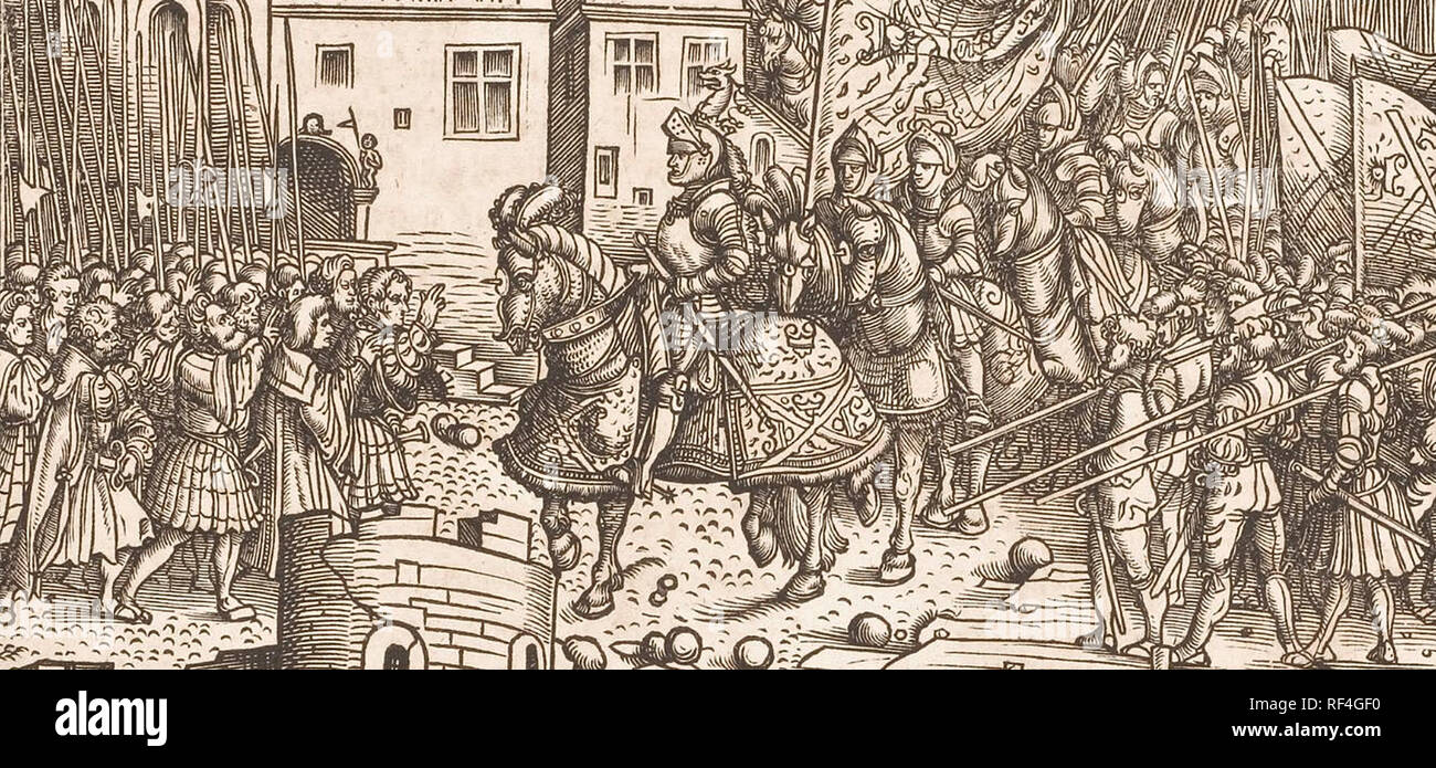 Massimiliano a cavallo nella città assediata Foto Stock