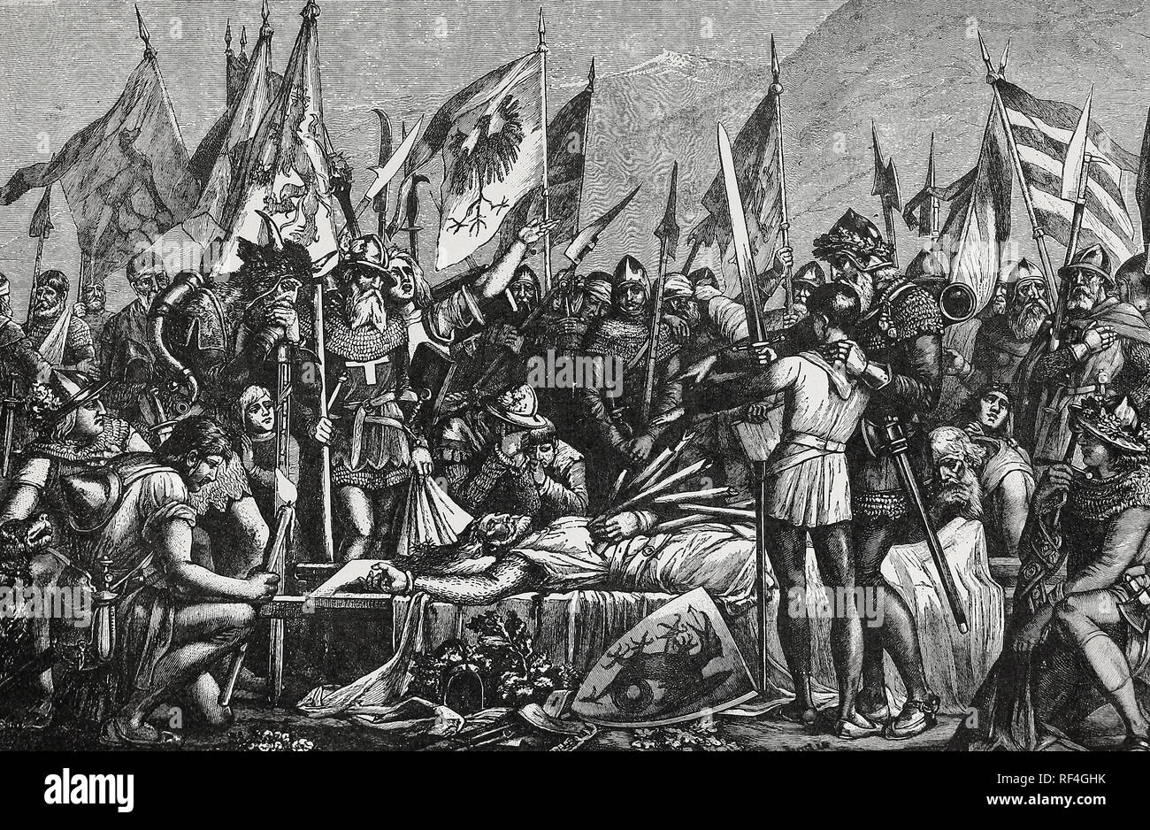 Arnold Winkelried - La Svizzera Hero conquista i suoi compatrioti la battaglia di Sempach da sacrificare la propria vita Foto Stock