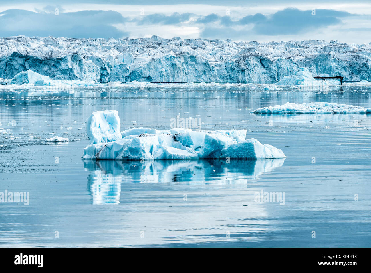 NORDAUSTLANDET, Svalbard - le acque ghiacciate e calme sono visibili accanto al massiccio ghiacciaio Bråsvellbreen sul Nordaustlandet, la seconda isola più grande dell'arcipelago delle Svalbard. Il ghiacciaio Bråsvellbreen è una caratteristica significativa del ghiaccio nella regione artica. Le Svalbard sono un arcipelago situato nell'Oceano Artico, a metà strada tra la Norvegia continentale e il Polo Nord. Le isole sono note per i loro paesaggi suggestivi, tra cui ghiacciai, montagne e fiordi. Foto Stock