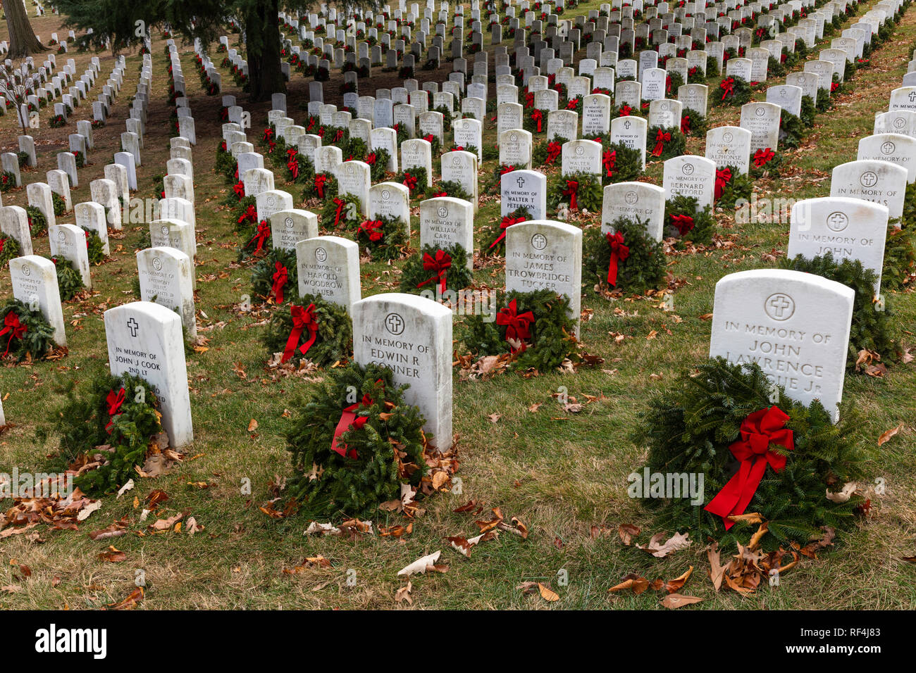 Ghirlande natalizie su lapidi, corone in tutta l'America, cimitero nazionale di Arlington, Washington, DC Foto Stock