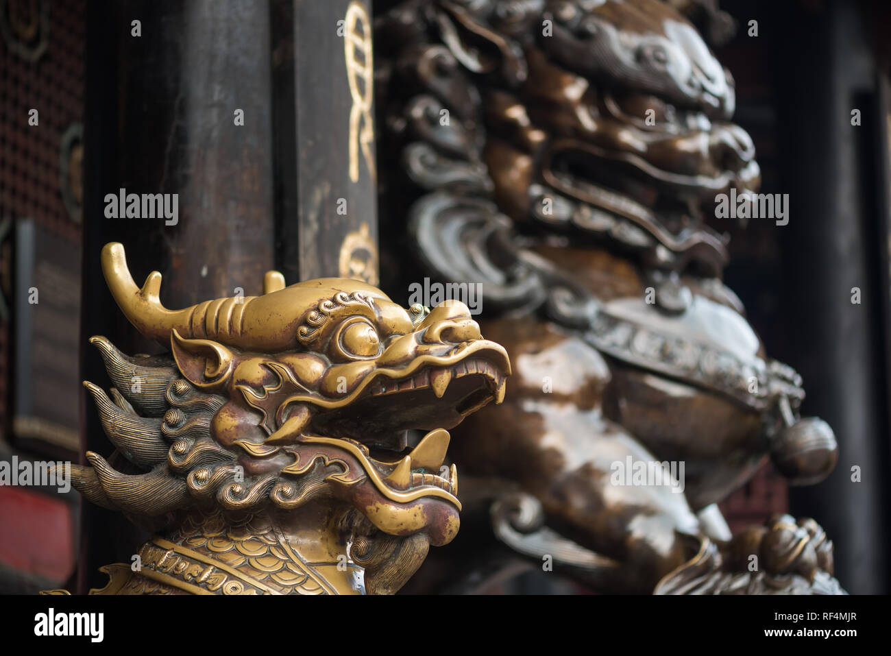 Leone di Bronzo e dragon statue in un tempio buddista, Chengdu Cina Foto Stock