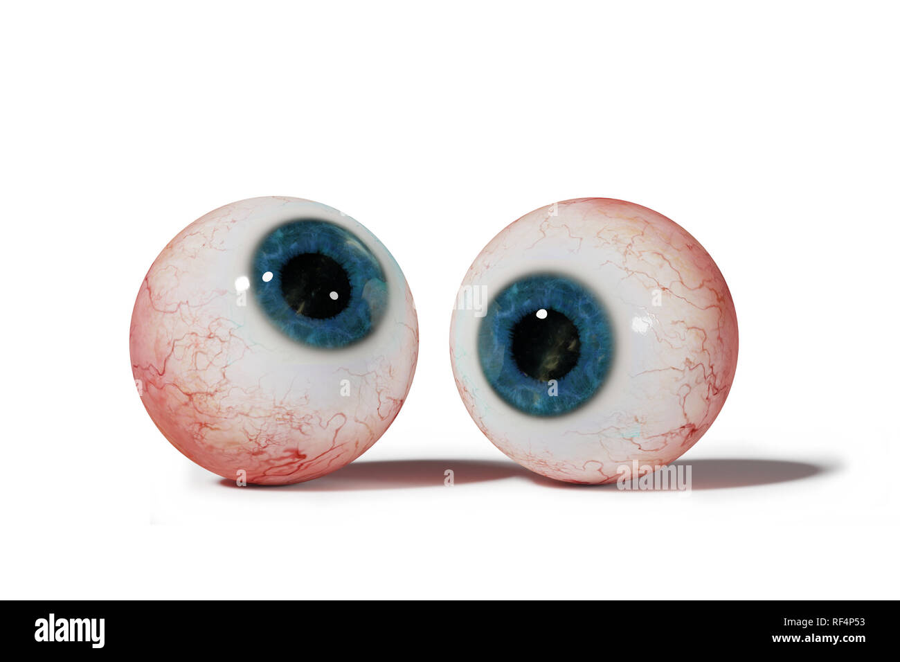 Due realistiche umano bulbi oculari con iris blu, isolato su sfondo bianco (3d'illustrazione) Foto Stock