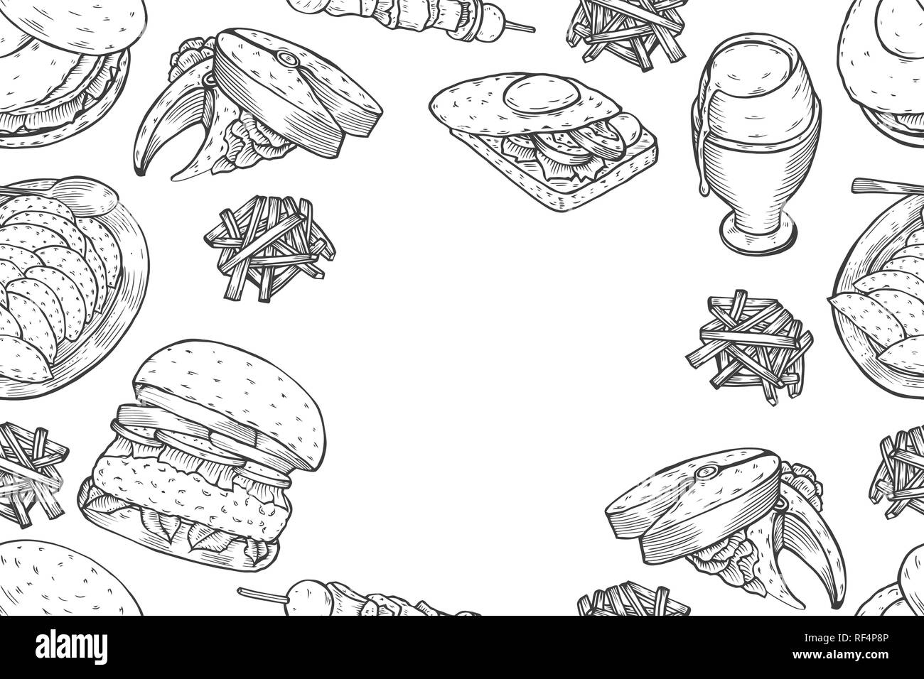 Colorate hamburger gourmet e gli ingredienti per gli hamburger illustrazione vettoriale. Il fast food, cibo spazzatura telaio. American food. Elementi di hamburger ristorante me Illustrazione Vettoriale