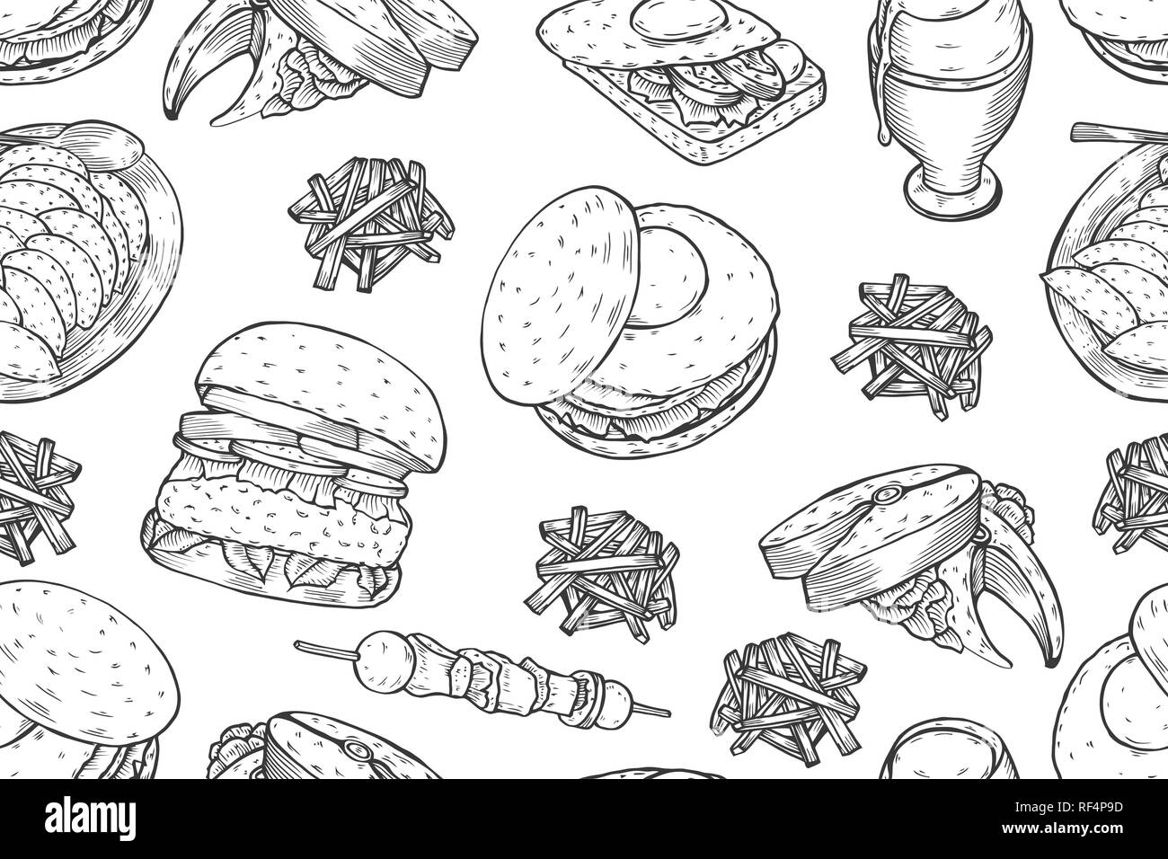 Colorate hamburger gourmet e gli ingredienti per gli hamburger illustrazione vettoriale. Il fast food, cibo spazzatura telaio. American food. Elementi di hamburger ristorante me Illustrazione Vettoriale