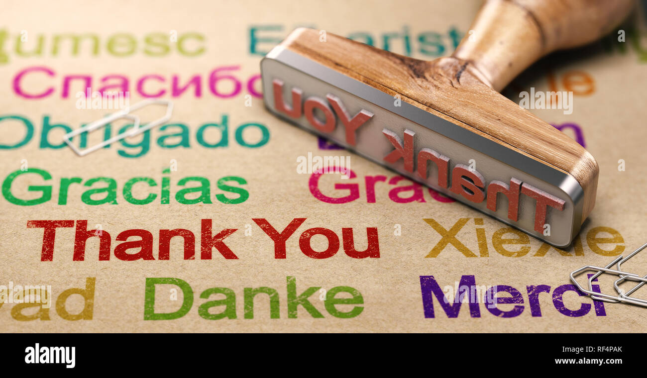 3D illustrazione di un timbro di gomma con un messaggio di ringraziamento scritte in lingue diverse. Concetto di comunicazione Foto Stock
