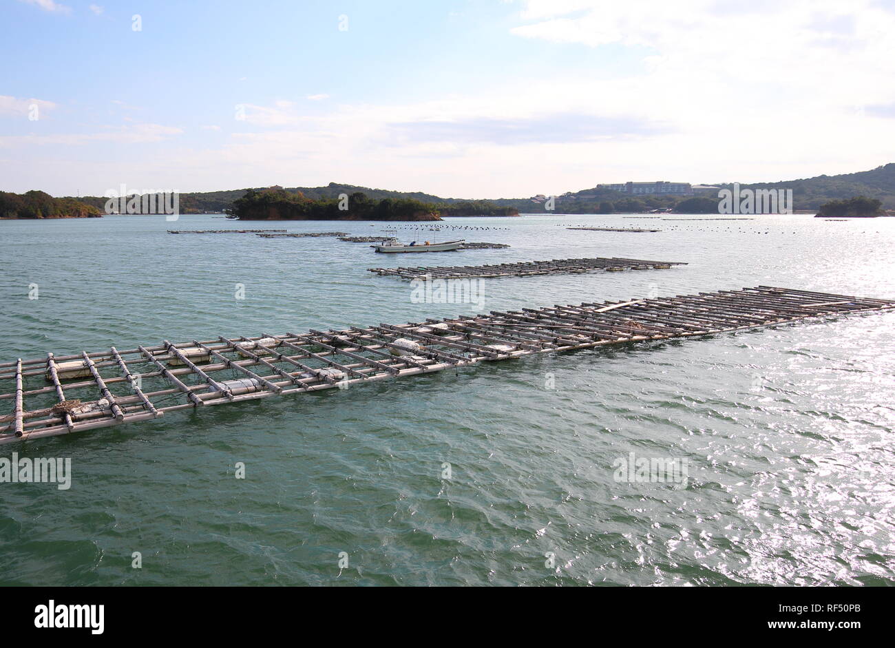 Fa bay island paesaggio e oyster aqua coltivazione agricola Shima Giappone Foto Stock