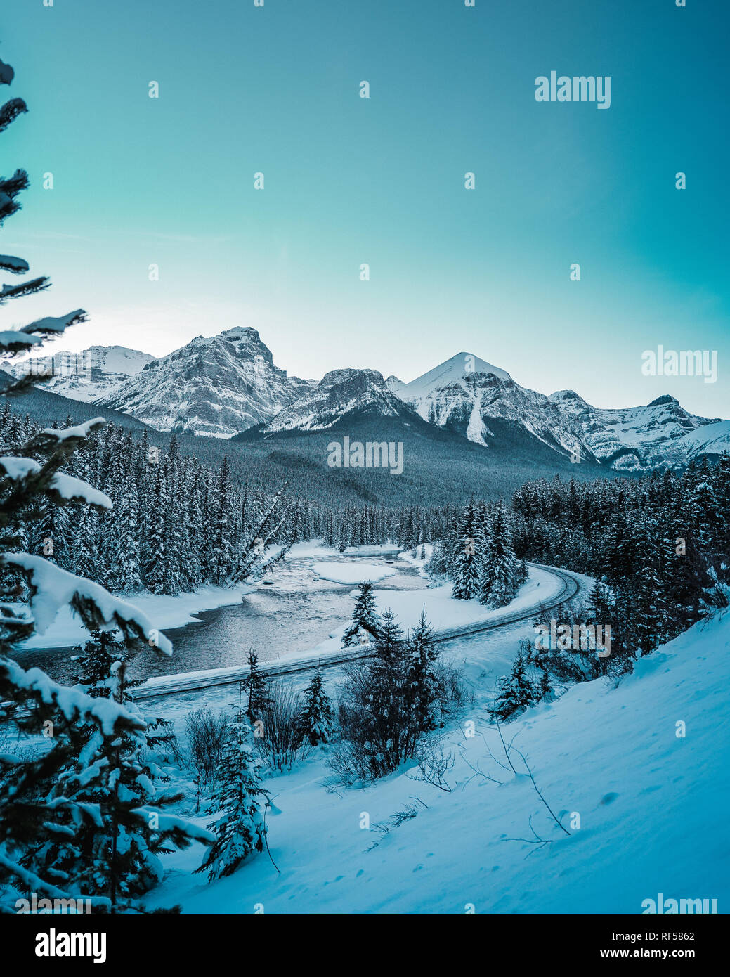 Morant la curva con il treno in inverno, il Parco Nazionale di Banff, AB, Canada Foto Stock