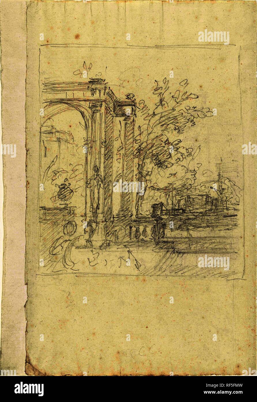 Portico con statue e giardino. Relatore per parere: Dionys van Nijmegen (eventuale). Dating: 1715 - 1798. Misurazioni: h 331 mm × W 204 mm. Museo: Rijksmuseum Amsterdam. Foto Stock
