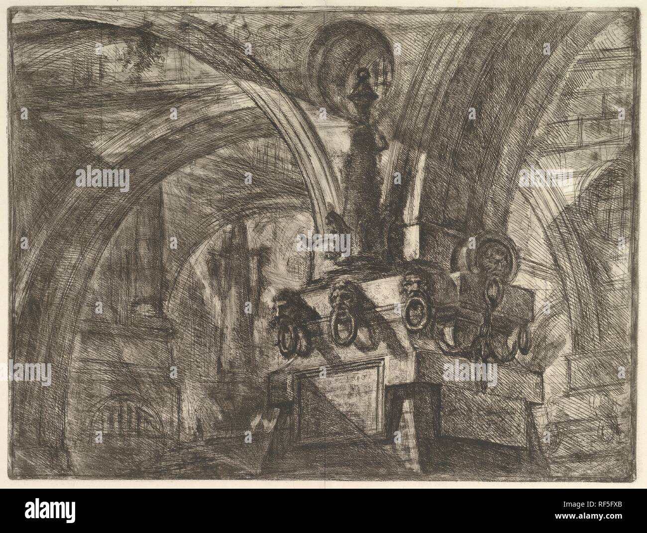 Il molo con una lampada da Carceri d'invenzione (immaginaria carceri). Artista: Giovanni Battista Piranesi (italiano, Mogliano Veneto Roma 1720-1778). Dimensioni: foglio: 19 7/16 x 25 in. (49,4 x 63,5 cm) Piastra: 16 1/8 x 21 7/16 in. (41 x 54,4 cm). Editore: Giovanni Bouchard (francese, ca. 1716-1795). Serie/Portfolio: Carceri d'invenzione (immaginaria carceri). Data: ca. 1749-50. Museo: Metropolitan Museum of Art di New York, Stati Uniti d'America. Foto Stock