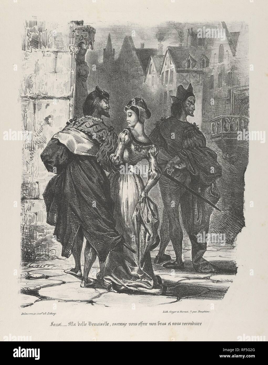 Faust cercando di sedurre Marguerite (Goethe, Faust). Artista: Eugène Delacroix (francese, Charenton-Saint-Maurice 1798 - 1863 Parigi). Dimensioni: foglio: 19 1/8 x 12 1/2 in. (48,5 x 31,8 cm) immagine: 11 1/4 x 8 1/8 in. (28,5 x 20,7 cm). Serie/Portfolio: Faust. Data: 1825-27. Faust, incontrando Margaret in strada, si rivolge a lei: 'Ma belle demoiselle, oserais je vous offrir mon bras et vous reconduire chez vous?" ['My ragazza, potrei forse venture per darvi il mio braccio e di essere la vostra scorta home?"] Faust di anticipi sono unsuccessfull. La giovane donna libera il suo braccio e si allontana. Museo: Metropo Foto Stock