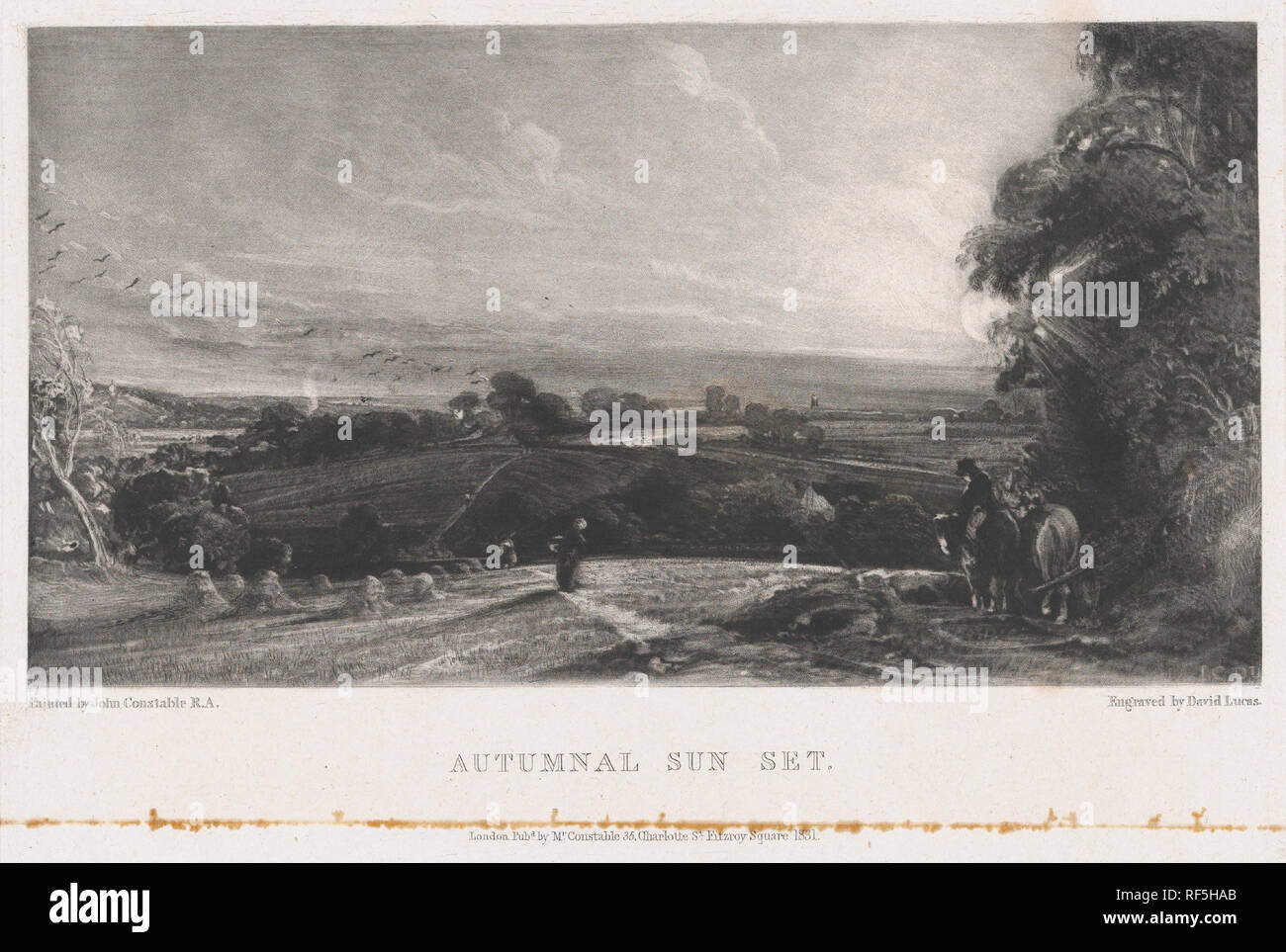 Tramonto autunnale. Artista: David Lucas (British, Northamptonshire 1802-1881 Londra); dopo John Constable (British East Bergholt 1776-1837 Hampstead). Dimensioni: Immagine: 5 1/16 x 9 1/2 in. (12,9 × 24,1 cm) Piastra: 6 15/16 × 9 15/16 in. (17,6 × 25,2 cm) foglio: 10 a. × 13 11/16 in. (25,4 × 34,8 cm). Data: 1831. In 1827, Constable ha iniziato a lavorare sul progetto che andrebbe ad occupare la sua attenzione fino alla sua morte sette anni più tardi: la pubblicazione di una serie di stampe basato sui suoi dipinti che potrebbe presentarsi come un sommario delle sue realizzazioni. Il pittore ha collaborato strettamente con il bulino David Lucas Foto Stock