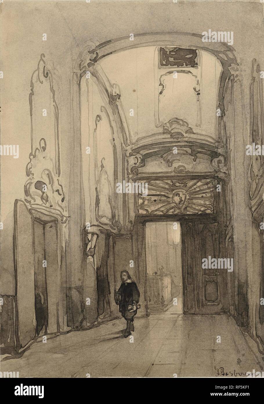 Portale rococò nel municipio di La Hague con un uomo nel XVII secolo costume. Relatore per parere: Johannes Bosboom (menzionato in oggetto). Dating: 1827 - 1891. Luogo: Paesi Bassi. Misurazioni: h 200 mm × W 140 mm. Museo: Rijksmuseum Amsterdam. Foto Stock