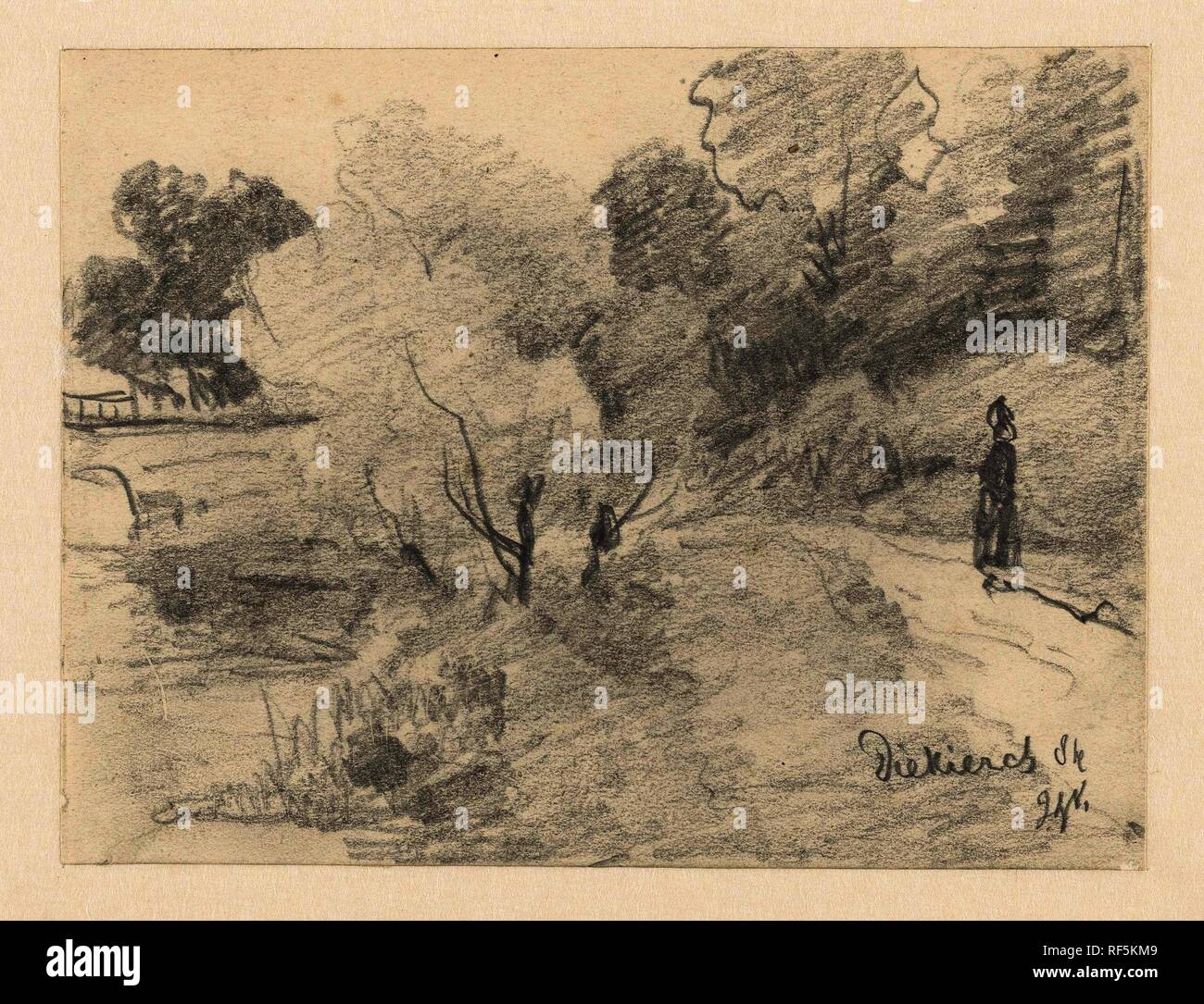 Strada lungo un bordo della foresta con un ponte in pietra in background. Relatore per parere: Johannes Gijsbert Vogel (menzionato in oggetto). Dating: 1884. Luogo: Diekirch. Misurazioni: h 108 mm × W 140 mm. Museo: Rijksmuseum Amsterdam. Foto Stock