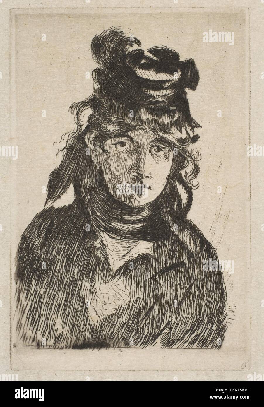 Berthe Morisot. Artista: Édouard Manet (francese, Parigi Parigi 1832-1883). Dimensioni: piastra: 4 11/16 x 3 1/8a. (11,9 x 7.9cm) foglio: 8 3/8 x 6 5/16 in. (21,3 x 16 cm). Sitter: Ritratto di Berthe Morisot (francese, Bourges 1841-1895 Paris). Data: 1872. Museo: Metropolitan Museum of Art di New York, Stati Uniti d'America. Foto Stock