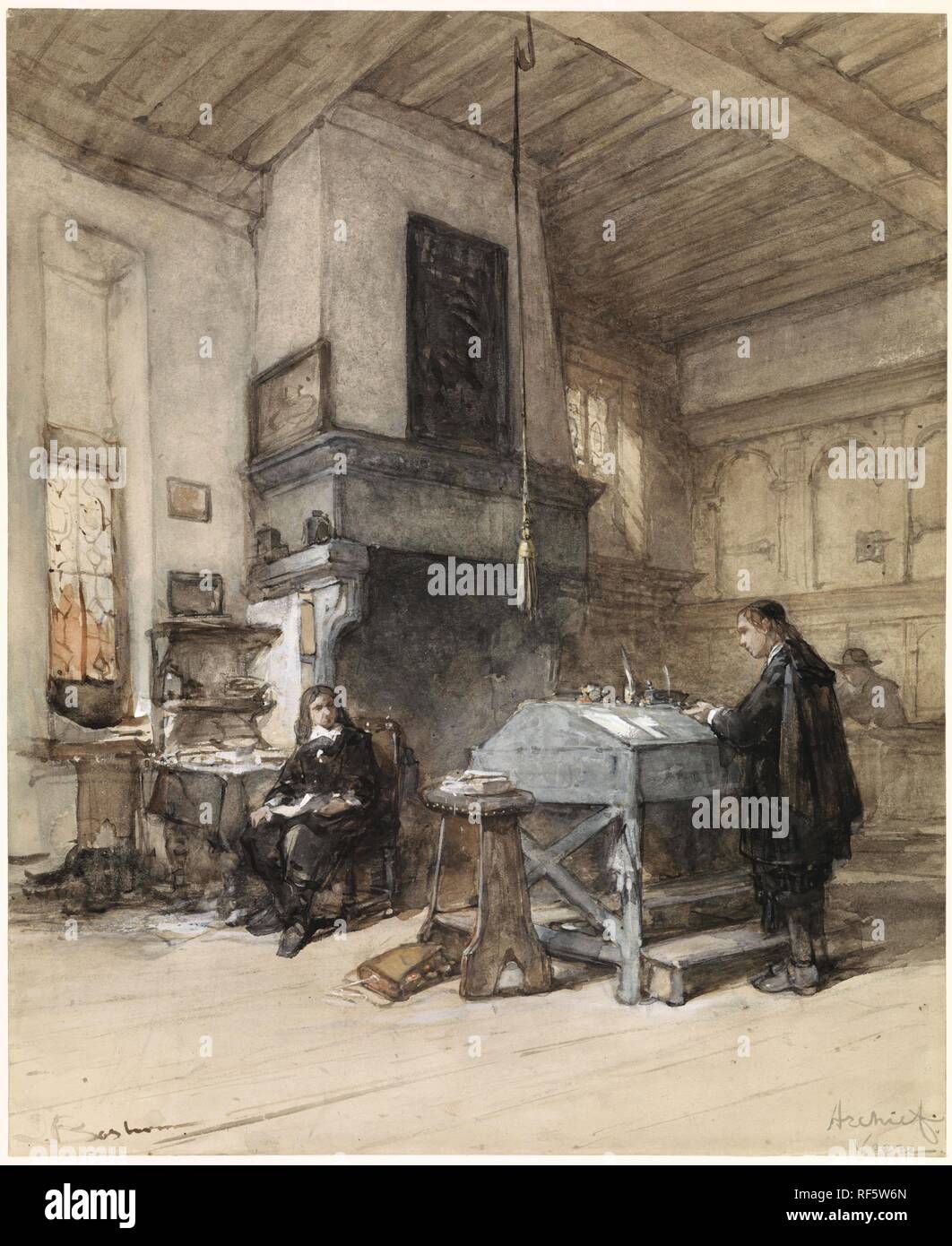 Archivio in Veere con figure nel XVII secolo costume. Relatore per parere: Johannes Bosboom (menzionato in oggetto). Dating: 1827 - 1891. Luogo: Paesi Bassi. Misurazioni: h 515 mm × W 423 mm. Museo: Rijksmuseum Amsterdam. Foto Stock