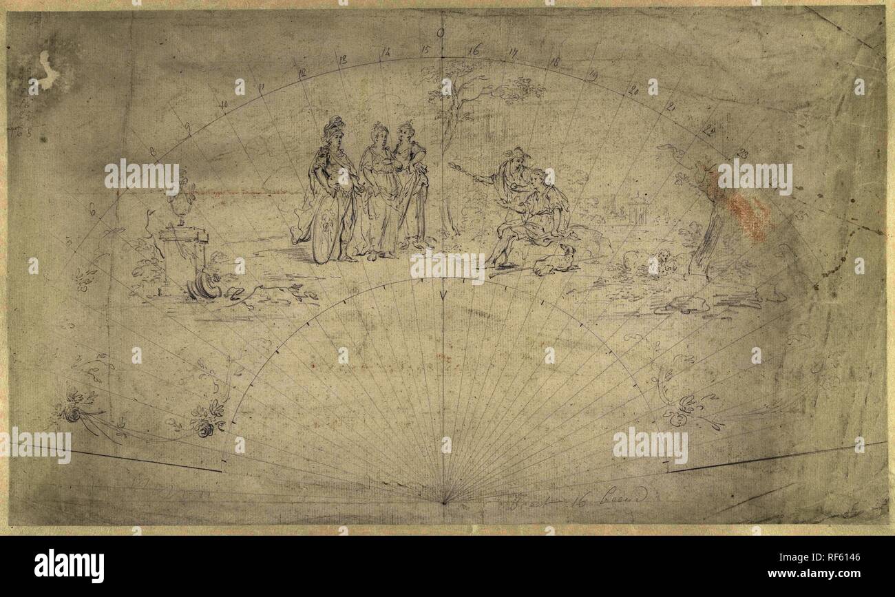 Design per una ventola con la sentenza di Parigi. Relatore per parere: anonimo. Dating: 1700 - 1800. Misurazioni: h 315 mm × W 535 mm. Museo: Rijksmuseum Amsterdam. Foto Stock