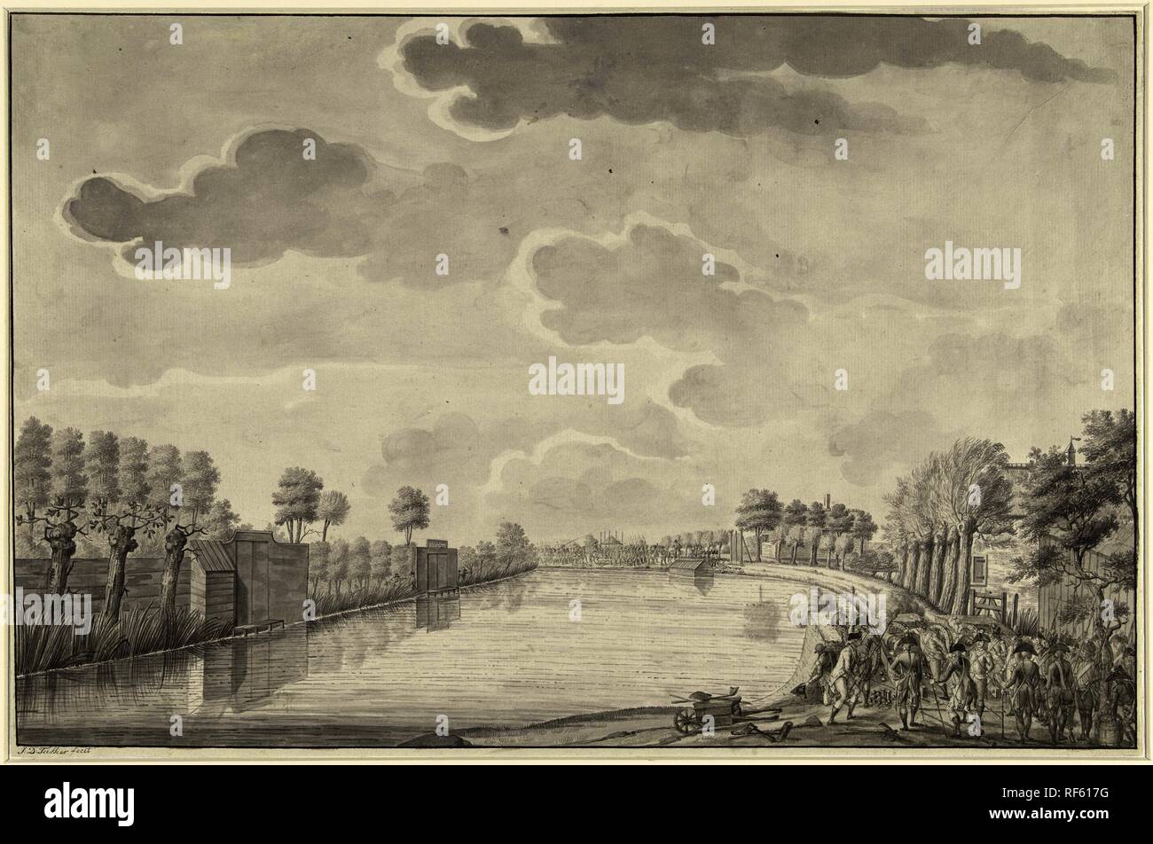 Attacco a Ouderkerk aan de Amstel al Binnen-Bullewijk, 1787. Relatore per parere: Jean George Teissier (firmato dall'artista). Dating: 1788 - 1790. Luogo: Nord dei Paesi Bassi. Misurazioni: h 314 mm × W 478 mm. Museo: Rijksmuseum Amsterdam. Foto Stock